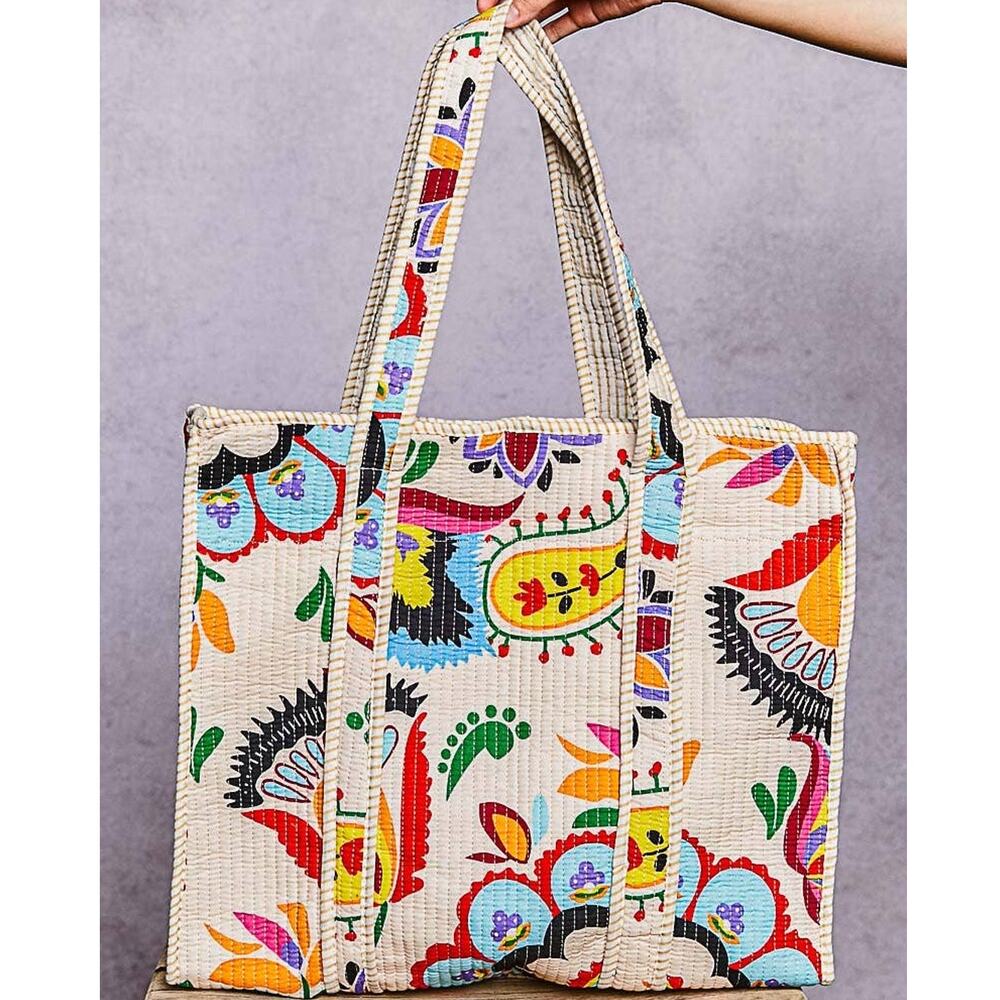 Quilted Boho Tote Bag – Cream Multi Print